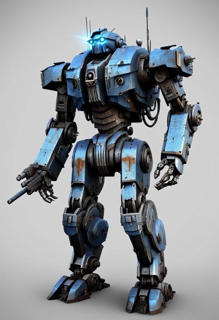 A 3D model, battle-worn mech robot made of iron designed for a futuristic combat game. The mech should have heavy armor plating, with visible hydraulic joints and glowing power cores. Include weapons mounted on its arms, such as missile launchers and a plasma cannon. The design should showcase mechanical details, rust, and dents to emphasize its use in combat, with glowing blue lights indicating its power source.