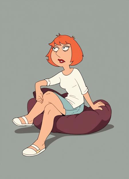 score_9, score_8_up, score_7_up, source_cartoon,
familyguystyle, woman, orange hair, short hair, white shirt, 2d, circle eyes, dot pupils, sitting, legs crossed,
<lora:FamilyGuy_style_PDXL:0.8>