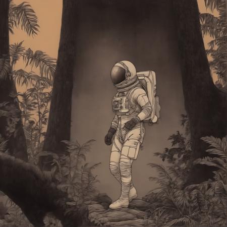 johnmortensen drawing of an Ultra realistic long shot of a female Astronaut in a Jungle, photograph, broken helmet tangerine cold color palette, muted colors, detailed, 8k