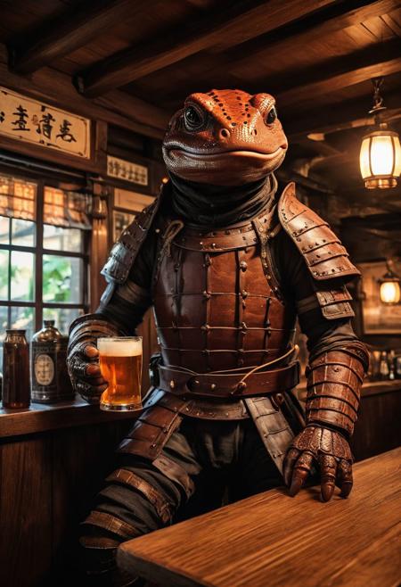 fantasy anthropomorphic a (giant-salamander) (warrior: 1.19) (leather armor) in dark japanese-tavern holding a pint of ale in a cozy environment with gas lamps oriental japanese-woodworking warm brick fireplace and (paper windows) (japanese-style-architecture)