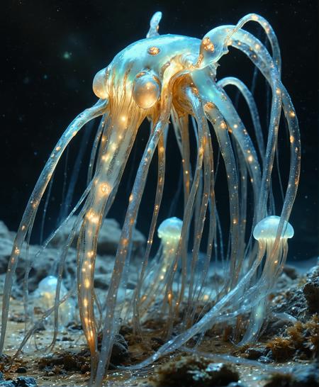 glowinglora, An divine deep-space entity with razor-sharp teeth and iridescent scales glides with serene elegance through liquid space.  Its long, luminescent tentacles spiral outwards, gracefully ensnaring translucent, bioluminescent beings in a delicate, mesmerizing capture. The scene is bathed in soft, otherworldly glows, emphasizing the creature's majestic, haunting presence against the infinite cosmic abyss.