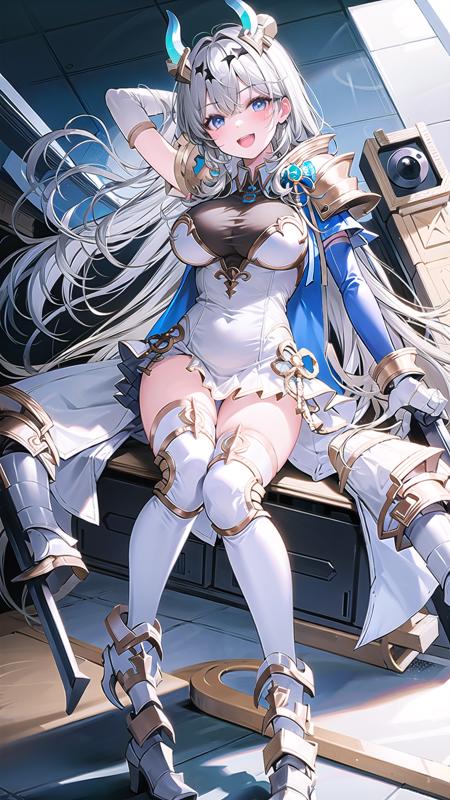 1girl, solo, long hair, breasts, horns, thighhighs, open mouth, smile, high heels, blue eyes, white hair, white footwear, dress, armor, white thighhighs, gloves, large breasts, full body, boots, white dress, thighs, white gloves, bangs,  <lora:SuffrenV1.0:0.8>, suffrenlibre, sitting,