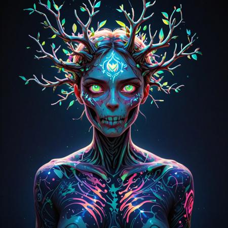 h4v_h0l0
Traditional tattoo art print in vibrant glowing colors and holographic flair, depicting "I am flesh, I am bone, rise  up like Kings", Strong moody style, low contrast, complex ornamental details against a plain background, reflecting minimalist environmental art and conceptual memory