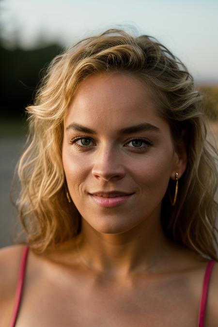 Realistic photo of a beautiful sh4r0ns-v2 woman,   1girl, solo, long hair, looking at viewer, (((blonde hair))), jewelry, upper body, earrings, parted lips, teeth, lips, messy hair, curly hair, realistic, soft lighting, professional Photography, Photorealistic, detailed, RAW, analog, sharp focus, 8k, HD, DSLR, high quality, Fujifilm XT3, film grain, award winning, masterpiece<lora:sh4r0ns-v2:1.0>