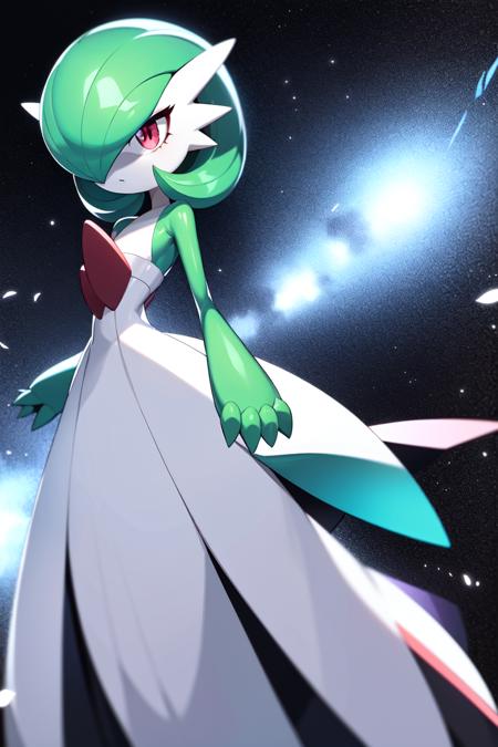 masterpiece, best_quality, 1girl, solo, gardevoir, pokemon \(creature\), green hair, red eyes, white dress, <lora:gardevoir_v1:0.8>