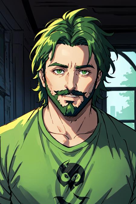 Beetlejuice Slime Tutorial,  1boy,  beard,  green hair,  facial hair,  indoors,  looking at viewer,  male focus,  mustache,  portrait,  shirt,  solo, <lora:EMS-49369-EMS:0.600000>