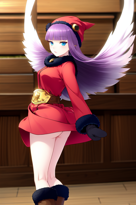 Windy Upskirt, Muu Shuwuu, purple hair, white hair, two-tone hair, hair wings, blunt bangs, long hair, brown mittens, brown boots, white pantyhose, black fur trim, black fur collar, red coat, gold belt, blue eyes, red hat, long sleeves