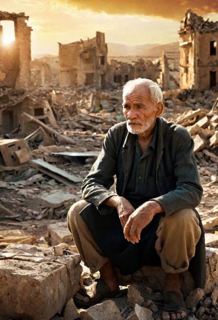 Profoundly detailed illustration, heart-wrenching composition!! An old man with a face telling a thousand stories, sitting amidst the remnants of a war-torn landscape. His eyes, brimming with tears, reflect the profound sadness and the weight of memories he carries. The background, a hauntingly beautiful yet devastated battlefield, tells the tale of conflict and loss. The setting sun casts a somber light over the shattered ruins, highlighting the scars of war with a dramatic interplay of shadows and fading light. The double exposure technique adds depth to the image, blending the stark reality of the war-torn background with the intense emotions etched on the old man's face. Every wrinkle, every tear, and every piece of debris in the background is rendered with ultra-detailed precision, creating a poignant atmosphere that is almost tangible. The scene transcends mere visual representation, capturing the essence of sorrow and the lasting impact of war in a way that is both abstract and deeply real. The colors are muted yet powerful, contributing to the overall sense of melancholy and reflection, making it not just an image, but a masterpiece that speaks volumes of unspoken narratives.