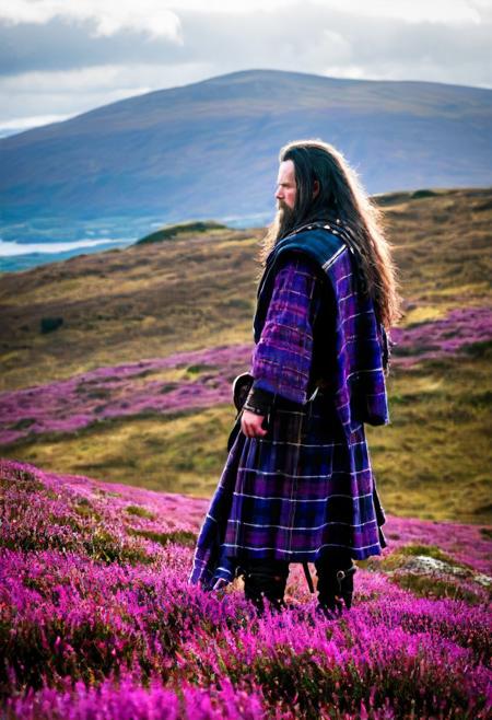 15th century highlander in tartan on a scottish hilltop that is covered in purple heather