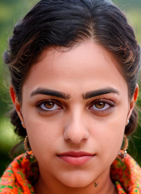 closeup portrait of skswoman, happy, background mountain epic (photo, studio lighting, hard light, sony a7, 50 mm, matte skin, pores, colors, hyperdetailed, hyperrealistic), <lyco:Nithya Menon:1.1>