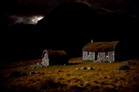 landscape, aged scottish hut, highlands, greek,sunny background lighting, (professional photograph:1.2),( dark mood:0.6), intricate details, hyper-realistic, peace