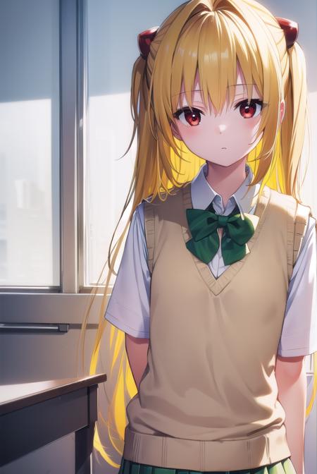 toloveruyami, <lyco:toloveruyami-lyco-nochekaiser:1>, 
yami, (yellow hair:1.5), long hair, (red eyes:1.5), (hair ornament:1.2), two side up, (small chest:1.2), 
BREAK school uniform, shirt, white shirt, bow, (green bow:1.5), skirt, (green skirt:1.2), pleated skirt, short skirt, sweater, (light brown sweater vest:1.5), short sleeves,
BREAK indoors, classroom,
BREAK looking at viewer, (cowboy shot:1.5),
BREAK <lyco:GoodHands-beta2:1>, (masterpiece:1.2), best quality, high resolution, unity 8k wallpaper, (illustration:0.8), (beautiful detailed eyes:1.6), extremely detailed face, perfect lighting, extremely detailed CG, (perfect hands, perfect anatomy),