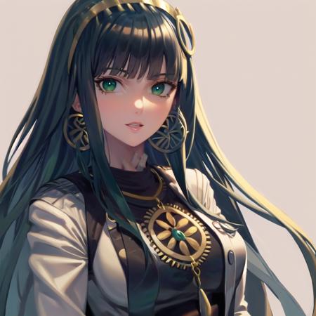 masterpiece, best quality, simple background, cleomain, jacket, 1girl, long hair, jewelry, earrings, green hair, hairband, breasts, bangs, green eyes, very long hair, hoop earrings, green eyes, medium breasts, blunt bangs