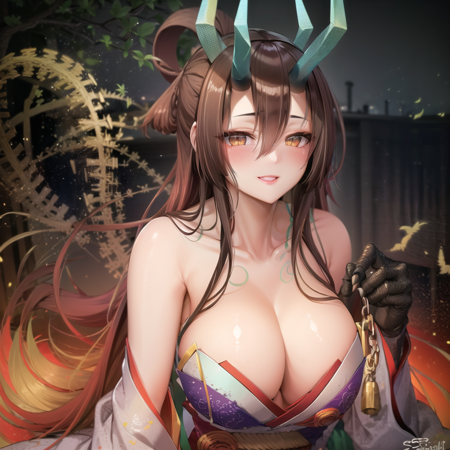 Kijyo_Kōyō a drawing of a woman in kimono, 1girl, breasts, claws, large breasts, solo, horns, white kimono, looking at viewer, long hair, gradient hair, hair between eyes, animal hands, brown hair, bare shoulders, cleavage, yellow eyes, smile, multicolored hair, tattoo, wide sleeves, slit pupils, kimono, outdoors, city background, woman with dragon tail and huge cleavage lays like a beast next to a chain, 1girl, gradient hair, breasts, large breasts, solo, multicolored hair, horns, brown hair, long hair, looking at viewer, animal hands, hair between eyes, cleavage, yellow eyes, monster girl, bare shoulders, wide sleeves, claws, very long hair, blush, slit pupils, kimono, smile