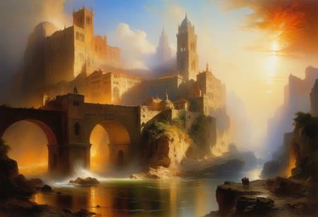 <lora:10NaturalismPainting_Hap_XL:1.5>,  Thomas Moran style, oil painting, nature, depic a cityscape that merges the modern cuberpunk world with a phantom-like, etheral dimension, highligghting ghostly figures and structures