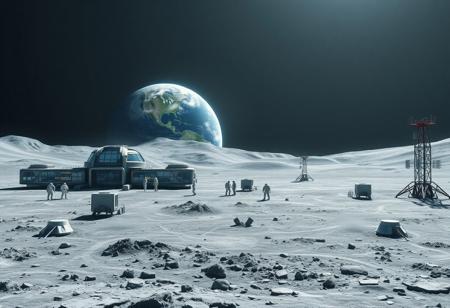 Ultra realism, high quality, high resolution 8K and above, stable and accurate focus, ultra correct anatomy, super detail. A lunar landscape with a space base located on the surface of the moon. The base is made up of multiple modules connected by tunnels and has large windows from where the Earth can be seen on the horizon. The Earth appears bright and blue in contrast to the gray and dusty surface of the Moon. In the foreground, astronauts in white spacesuits are seen performing scientific research and technical support. Large solar panels and communication antennas are located around the base.
Colors: Gray for the lunar surface, bright blue and white for the Earth, metallic colors for the base and equipment.
Objects: Space base, lunar surface, Earth, astronauts, solar panels, communication antennas.
Atmosphere: High-tech, futuristic, majestic.
Styles: Realistic, Sci-Fi.
Additional items: Moon dust, scientific instruments, space dust and particles, small exploration rovers.
