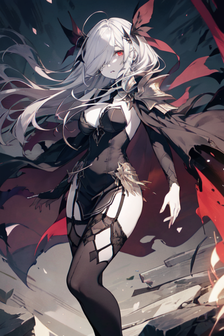 BeastDAL, 1girl, solo, pale skin, white hair, very long hair, red eyes, black thighhighs, hair over one eye, black dress, cleavage, medium breasts, cape, garter straps, torn cape, ribbon, detached sleeves, shoulder armor, side slit, pauldrons, black sleeves, sideboob, 