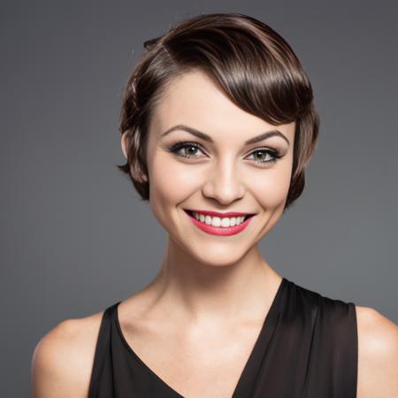 a smiling woman with short finger wave hair wearing a tiny hat<lora:fingerwave_hair_v1.0.3:1>