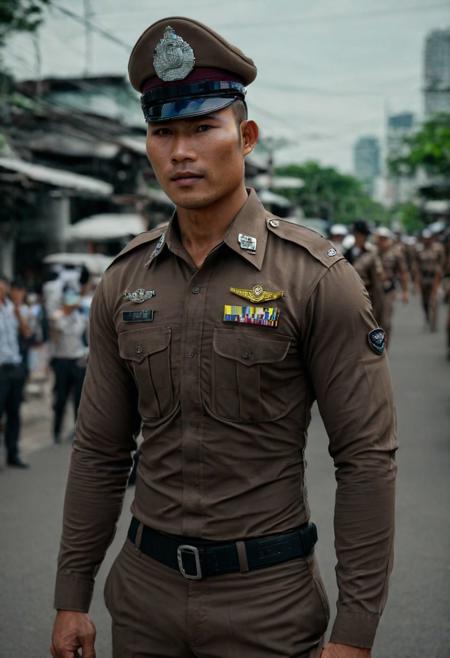 cinematic still of 30 year old handsome muscular Thai man in brown police uniform and hat, standing in Bangkok streets, highly detailed, intricate details, shallow field of depth, cinematic lighting