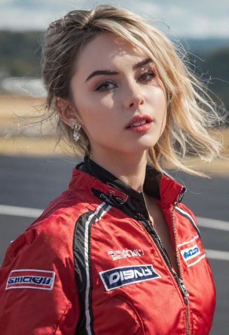 (red jacket, red racing uniform, long racing pants:1.5),  on circuit,  diamond earring, pendant, (mouth open), full body,
1 girl, 20 yo, solo focus, skinny, pale skin, soft lips, (light eyebrow:1.4),shiny blue eyes, black hair, small breasts, beautiful detailed sky, floating hair, (nose blush), beautiful detailed eyes, full body