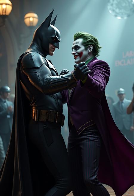 Realistic highly detailed photo of Batman and the Joker ballroom dancing