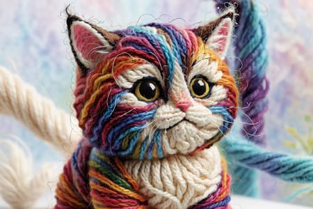 w00len, a hyper realistic macro close up picture of a ((cute cat made out of multi color wool and yarn fur)), bokeh backdrop