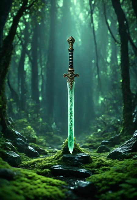 8k analog photo, jade glass sword stuck in a mossy stone, in an ancient fantasy forest at night, minimalist,