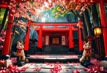 A beautiful geisha  desends the walkway from, A breathtaking Inari shrine is hidden within a serene Japanese Sakura orchard. The scene is illuminated by the soft glow of ping sakura blossoms, casting cool pink light on the vibrant red torii gates that form a mesmerizing tunnel leading up the shrineas stone steps. The ground is covered with delicate fallen sakura blossoms. Kitsune (fox) statues with intricate details guard the entrance, wearing red bibs symbolizing their sacred role. The shrineas wooden structure is adorned with ancient calligraphy and shimenawa ropes, exuding a mystical and spiritual atmosphere. Sunlight filters through the cherry trees,
<lora:SDXLFaeTastic2400:0.4> <lora:extremely_detailed:0.4> extremely detailed, <lora:Inari_shr1n3:1>,Inari shr1n3, Masterpiece,best quality,hi res,8k,hi res,8k,award winning,(sharp focus, intricate, highly detailed),