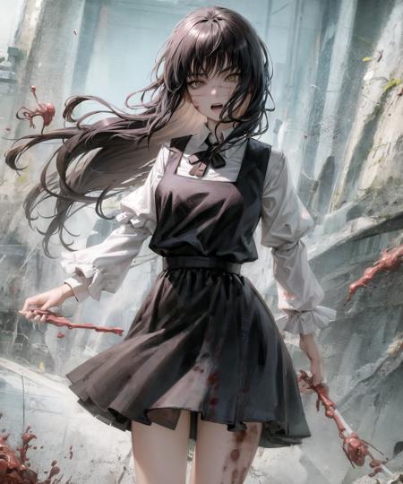 1girl, cowboy shot, beautiful AsaCSM, looking_at_viewer, solo, school_uniform, shirt, collared_shirt, pinafore_dress, dress, ribbon, white_shirt, neck_ribbon, black_ribbon, long_sleeves, blood,  open_mouth, brown_eyes, volumetric lighting, best quality, masterpiece, intricate details, tonemapping, sharp focus, hyper detailed, trending on Artstation, <lora:AsaCSM1800:1>