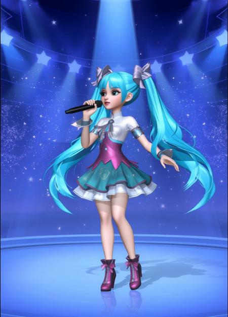 3d Princess, masterpiece full of details. This digital artwork showcases a miku singing on the stage, aqua stage lights, glittery dreamy atomosphere