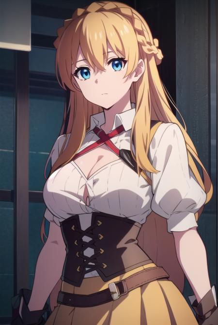 su mucheng, long hair, blonde hair, blue eyes, hair between eyes, braids, hair braid, su mucheng, long hair, blonde hair, (yellow eyes:1.5), braids, hair braid, googles, googles on head, gloves, cleavage, shirt, juliet sleeves, corset, skirt, brown skirt, white shirt, sweater, jacket, fur trim, fur-trimmed jacket, pink jacket, pantyhose, skirt, white sweater, white skirt,