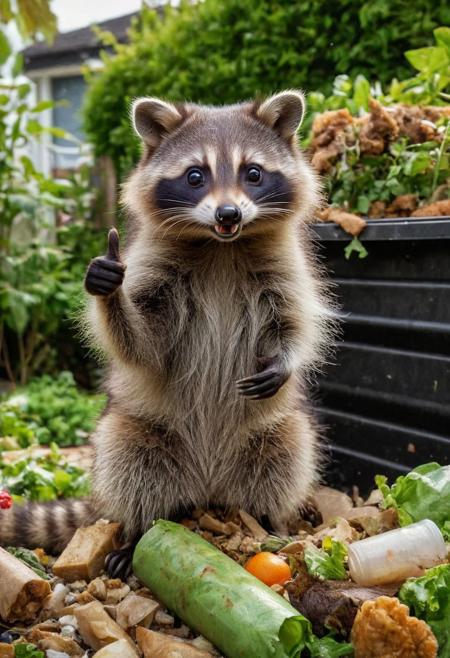 Closeup, thumb-up, a cute fluffy raccoon in the middle of a hoarder's front garden full of garbage and food scraps, the raccoon in the middle of the garbage is happy and laughs into the camera, thumb up pose,
very detailed, hd, RAW photograph, masterpiece, top quality, best quality, official art,highest detailed, atmospheric lighting, cinematic composition, complex multiple subjects, 4k HDR, vibrant, highly detailed, Leica Q2 with Summilux 35mm f/1.2 ASPH, Ultra High Resolution, wallpaper, 8K, Rich texture details, hyper detailed, detailed eyes, detailed background, dramatic angle, epic composition, high quality , (8k, RAW photo, highest quality), hyperrealistic,
