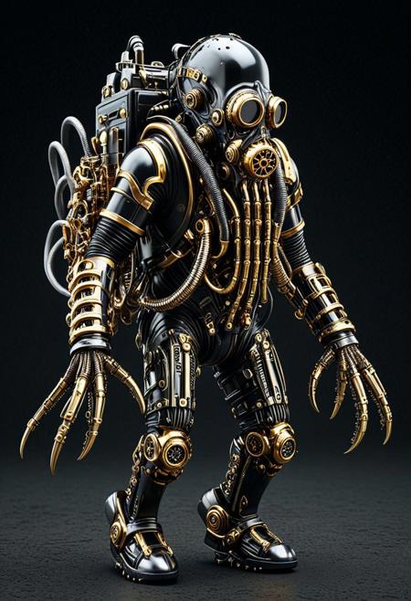 8k, Tilt shift photography style, mechanical zombie, walking, shark octopus head, octopus gold tentacles, black gas mask, shilver armor, shick shark arms, gauntlets, black face visor, mechanical back pack, shilver circuits, propeller on body, walking on the cave, simple dark background, minimalist ,extremely detailed,qu4ntum