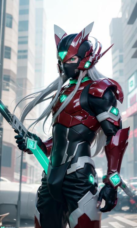 megzeromyth2023, 1boy, long white hair, red armor, green energy sword, 8k, uhd, best quality, masterpiece, intricate,  photorealistic, mask, glowing green eyes, cyberpunk city,