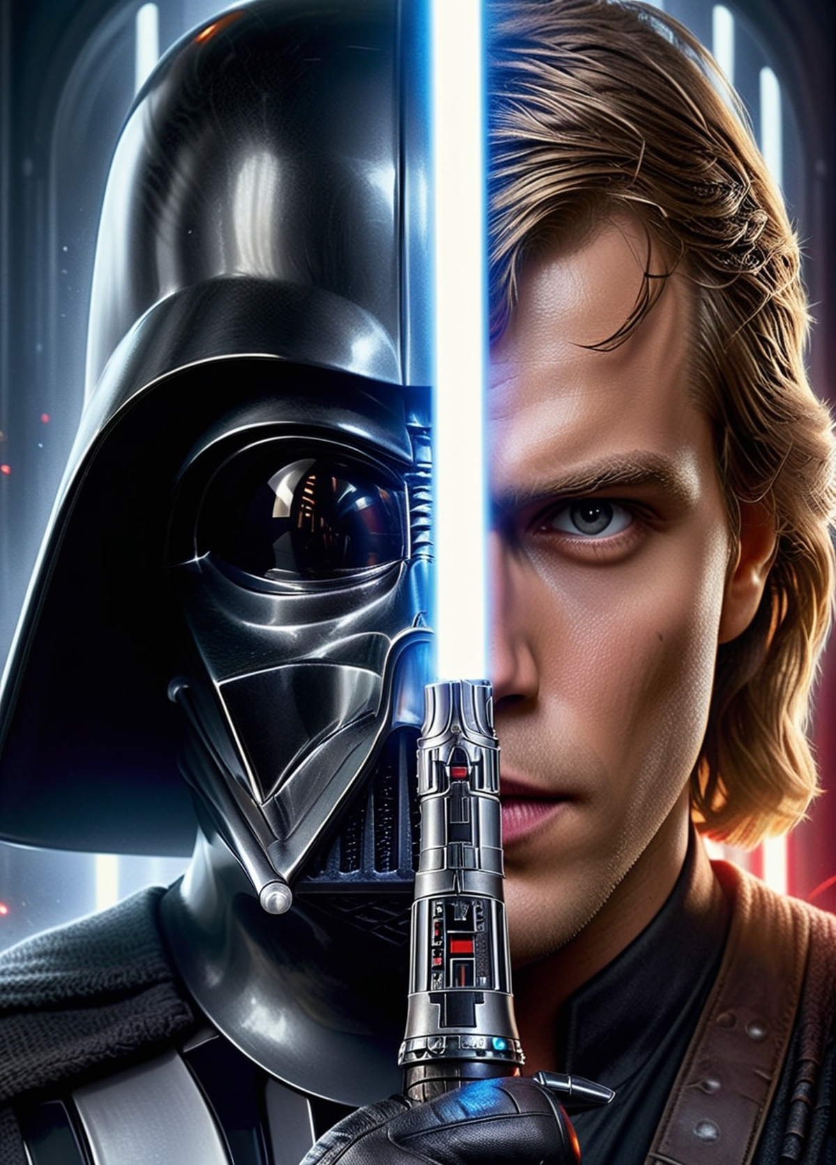 A colorful and detailed image of a man with a lightsaber and Darth Vader.