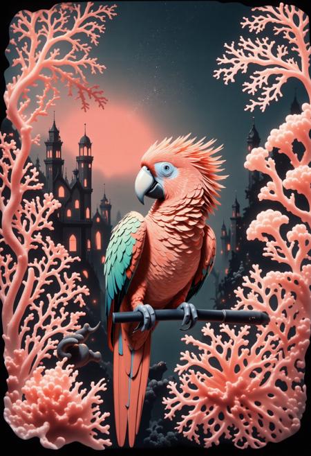 (cinema art by F. W. Murnau:0.7) , appealing Aquatint print, intricate background, fairy tale, (coral style,score_9, score_8_up, score_7_up, score_6_up, cute parrot, made entirely of coral:1.3) and Mature Venetian Misty moorland, Senseless Fire station in background, Norse nature and Star in background, at Overcast, Disgusting, Margins Art, dramatic lighting, telephoto lens, Desaturated, underpainting, vintage, Flickr, Pixabay, nature-inspired