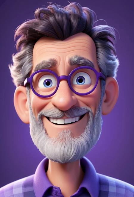 disney pixar 3d animation character of a 60yo man, smiling at viewer, purple background, dark wild hair, simple background, blue-gray eyes, trimmed beard, glasses