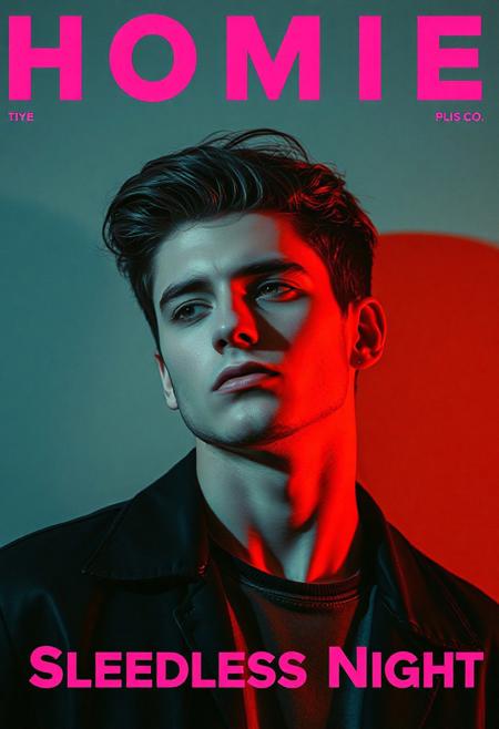 high quality design aesthetics, disco, synth pop, dynamic, detailed, pop album cover, melancholic, young white man, artist name "Homie", album title "Another Sleepless Night"
