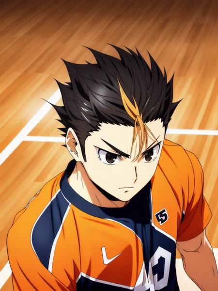 <lora:YuuNishinoya:0.6> Yuu Nishinoya masterpiece, best quality, ultra-detailed, illustration, 1boy, haikyuu!! nishinoya_yuu highres 1boy ball black_hair (blonde_hair )brown_eyes clothes_writing feathers footprints karasuno_volleyball_uniform male_focus (multicolored_hair) orange_shirt parted_lips playing_sports shirt short_hair simple_background solo sportswear ((streaked_hair))  volleyball volleyball_uniform white_background