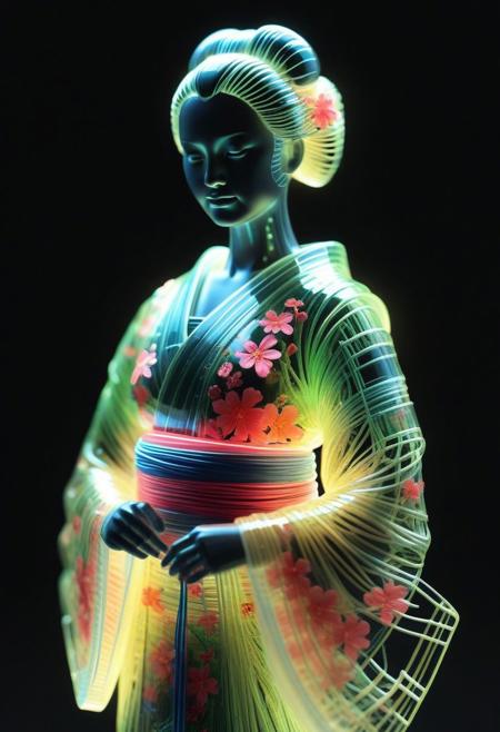 <lora:World_of_Glass_Filament:0.6> made of, tiny neon (glass:1.1) filaments, w0gf1l, Android, geisha, with robotic parts, in flowery kimono, Intricate details, 8 k, cinematic <lora:sss:0.8> subsurface scattering, sss <lora:envyStarlight_v10:0.8>