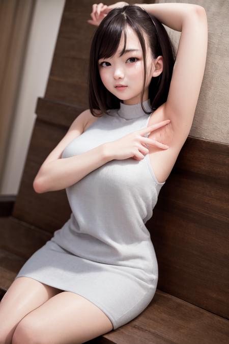 masterpiece, best quality, highres, 1girl, spread armpit <lora:spread_armpit_left:1> sitting