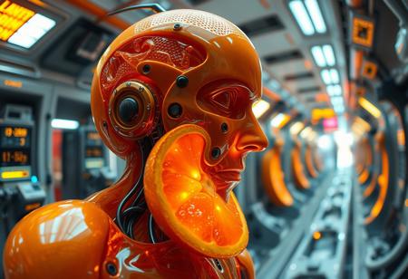 “Plastic Man morphing into an orange, blending human and fruit features with intricate high-technology details. His body exhibits glossy, translucent plastic textures merging seamlessly with the vibrant, textured orange peel. Random, glowing, fancy spots illuminate the scene, resembling futuristic bio-luminescence. The setting is an abstract, high-tech environment, filled with mechanical and organic elements. Rendered with cinematic prime lens effects, using a fisheye 12mm perspective for dramatic distortion and dynamic depth, showcasing surrealism with stunning visual clarity.”