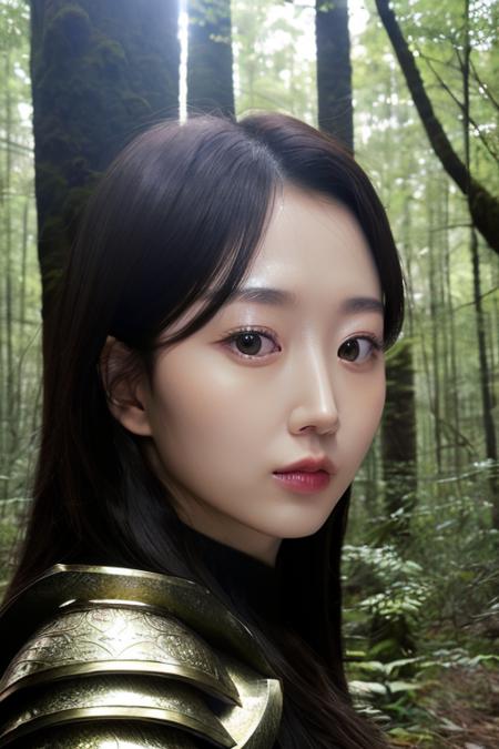 a nmixxhaewon, perfect eyes, (ultra realistic:1.5), (standing in forest:1.2), (close-up photo:1.5), (black paladin armor:1.2), (intricate:1.2), (looking at camera:1.2), (best quality:1.2), <lora:nmixxhaewon-v13:1>