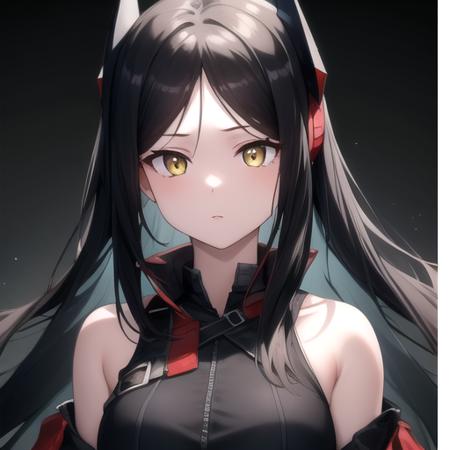 ((masterpiece)),(best quality),official art,extremely detailed CG,unity 8k wallpaper,ultra detailed,1girl,solo,upper body,(portrait:1.2),black_hair,long_hair,looking_at_viewer,yellow_eyes,bare_shoulders,breasts,black_footwear,knee_boots,thighs,bangs,headgear,black_dress,parted_bangs,detached_sleeves,long_sleeves,belt,<lora:Ines(ark)>,