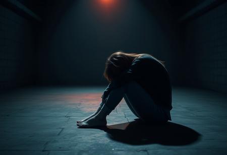 a 25yo woman sitting on the cold concrete floor in the fetal position, hugging her knees. she is filled with dread and despair. a spotlight shines red from above. she cries into her knees. the scene leaves the viewer with an overwhelming sense of hopeless and nothingness.