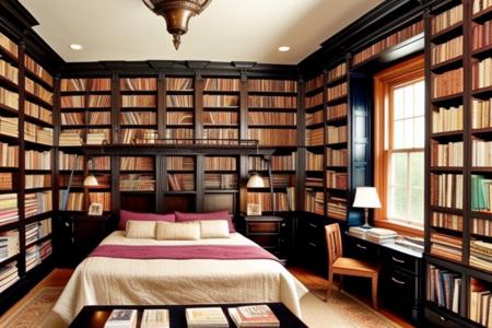 a fantasy bedroom that is also the owner's personal library with books everywhere