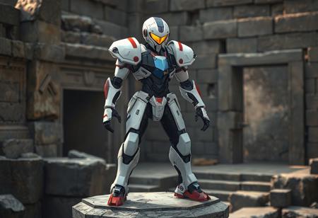 A Cyber Soldier of Darkworld robot, stark white armor with crimson & sapphire accents, black limbs, vibrant yellow head, ruby visor, geometric blue/white chest, scarlet feet. Heroic stance, arms posed for action, balanced posture on an ancient stone plinth. Amidst the mystic ruins of TheSecret Village of the Spellcasters. Poised stillness charged with latent energy. Cinematic lighting, Octane Render, Unreal Engine 5, Photorealistic, trending on ArtstationHQ, CGSociety, 4K, HDR, Sharp focus, Dynamic Angle, Golden Ratio, Matte Painting, Splash Ink style. Detailed, high quality, intricate.