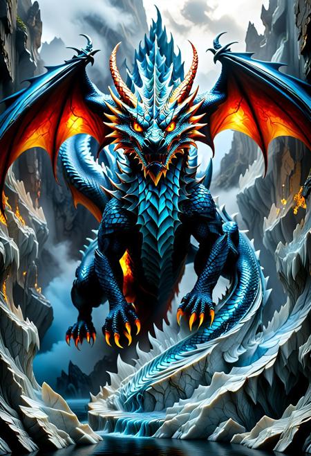Amidst towering, jagged mountains cloaked in mist, a colossal marble dragon with striking cerulean blue and flaming red, brilliantly gleaming marbled scales, looms menacingly, its fierce golden eye locked onto a solitary figure standing far below. The draconic creature's intricate, spiked maw, filled with sharp teeth, conveys an intimidating presence, while its textured feathers ripple in the wind, showcasing the mastery of its scales. The distant castle, marked by elegant spires and a gothic silhouette, adds an ethereal touch to the scene, hinting at an ancient world steeped in mystery. The soft, diffused light creates a surreal atmosphere, casting delicate shadows that emphasize the dramatic scale difference between the dragon and the cloaked wanderer, evoking a blend of awe and foreboding in this fantastical landscape.<lora:GeekyXL_Liquid_Marble:1> liquid marble
 <lora:add-detail-xl:1> misc