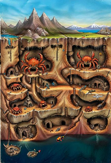 cross-section of landmass from the sky to the ground below. a underground dungeon map for an adventure titled "The Cave Crab Adventure", d&d characters fighting a giant crab in a dungeon underground, fantasy, isometric battle map, diagram of a dungeon under a mountain, 
csu, cross-section, from the side, underground
national geographic, best quality, masterpiece, award winning photo, fantasy landscape, extremely detailed, HDR, csu, underground, cross-section, from side, dungeon_party, Vintage board game box