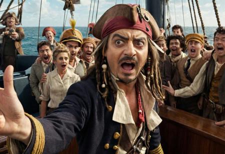 Johnny Depp dressed as Captain Jack Sparrow taking a selfie with 
Rowan Atkinson dressed as Mr Bean on the board of a sinking ship, in the background you can see the sailors yelling and screaming , realistic, complementary colors . octane render, highly detailed, volumetric, dramatic lighting